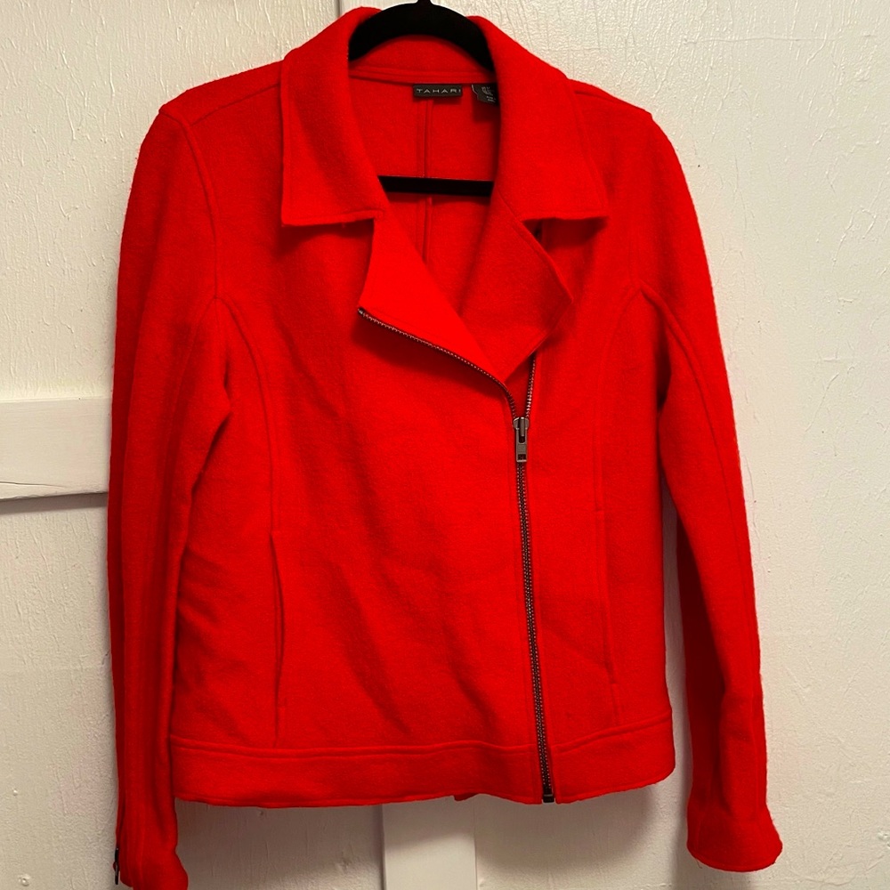 Tahari orange wool blend, asymmetrical, moto zipper jacket Med